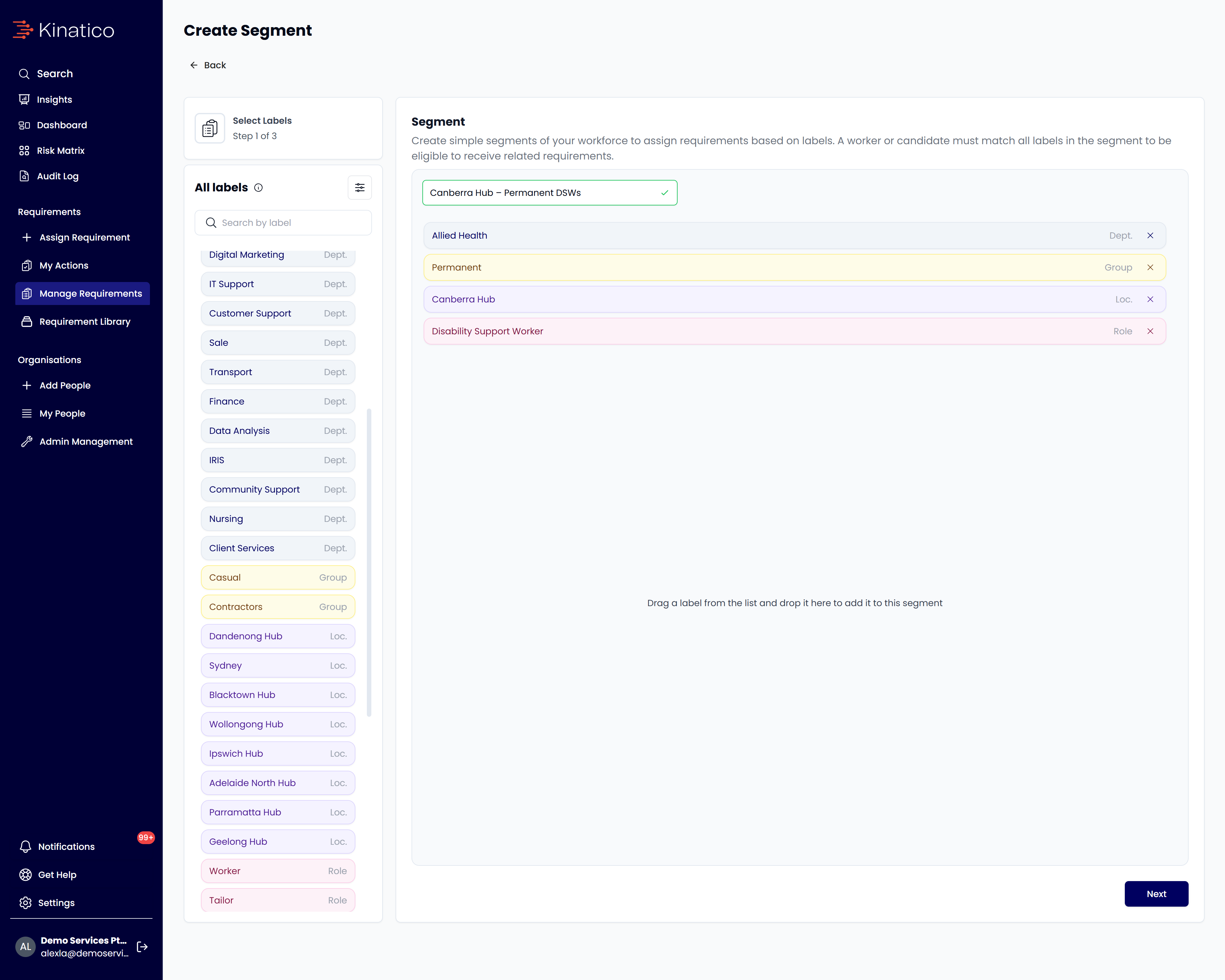 Kinatico compliance platform segment setup