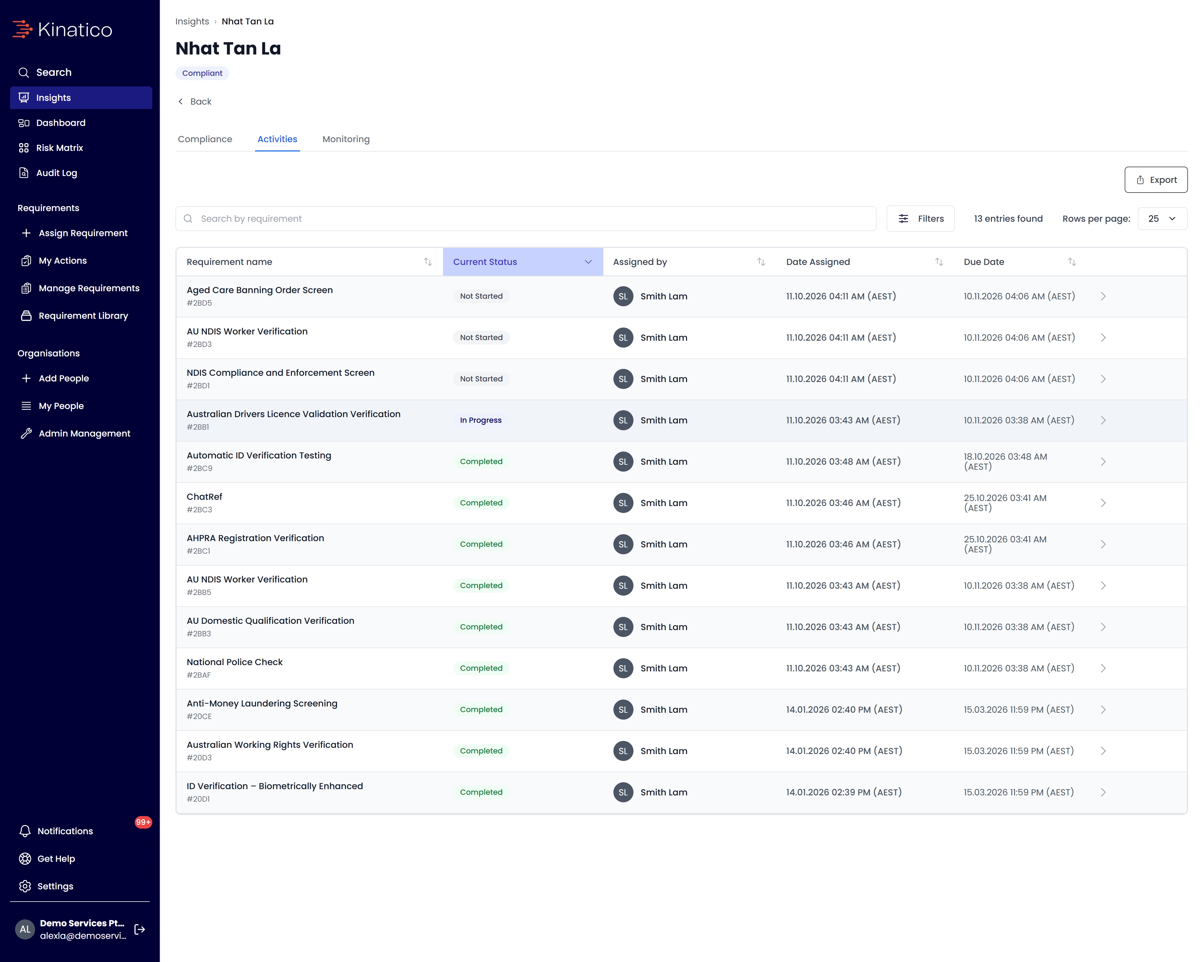 Follow me compliance platform screen