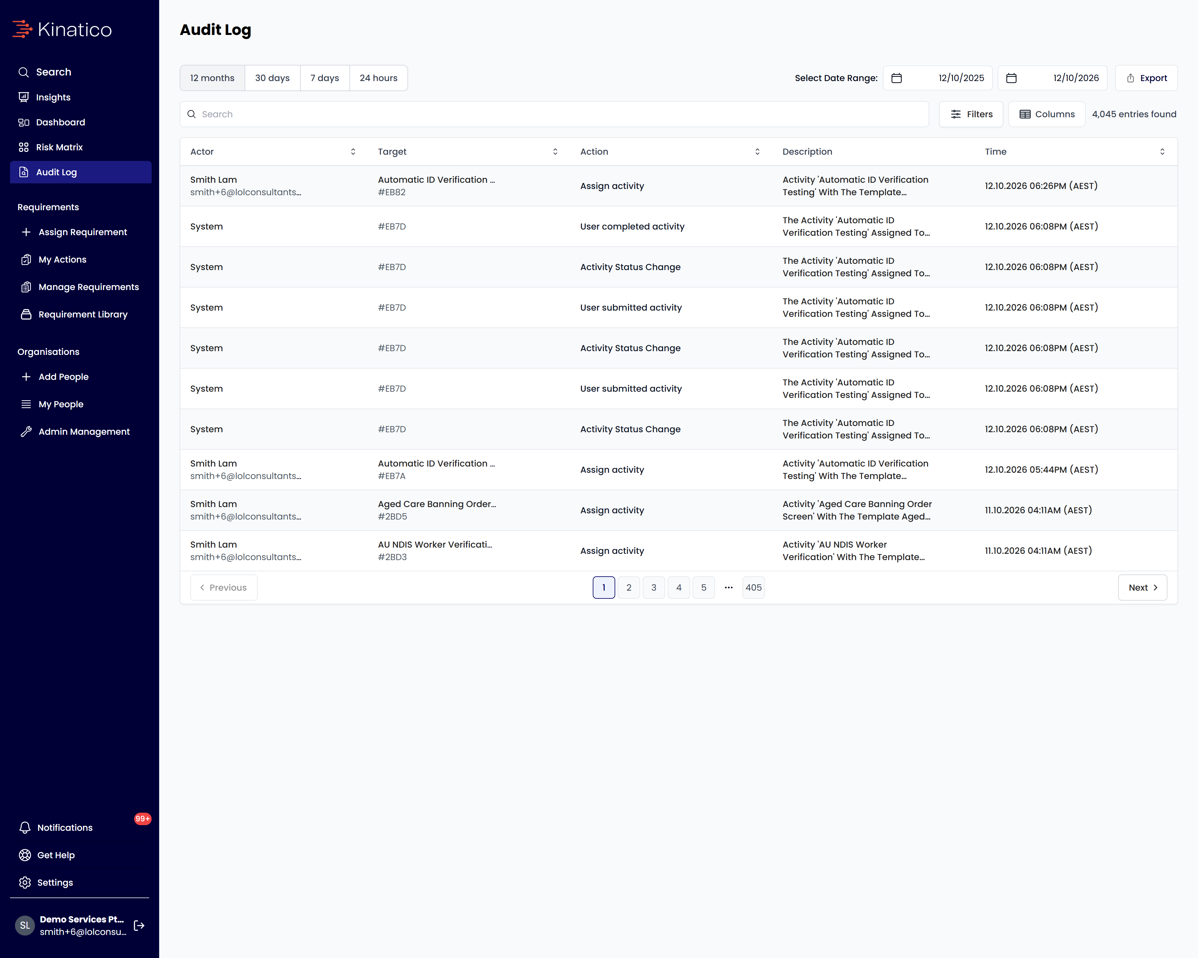 Kinatico Compliance Audit log screen