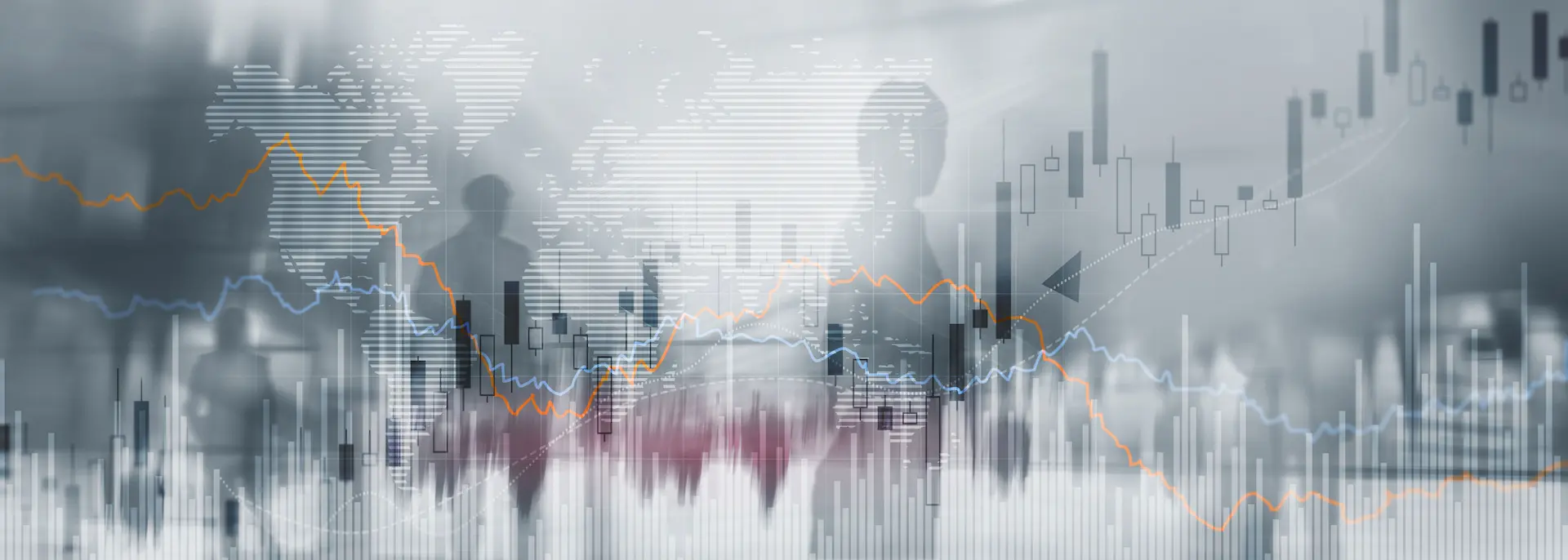 Silhouettes of people on the background of financial graphs and charts